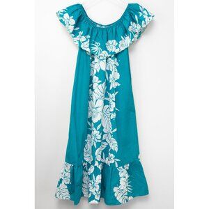 Vintage Helena's Hawaiian Island Dress Floral Muumuu 70s Tropical Blue Small